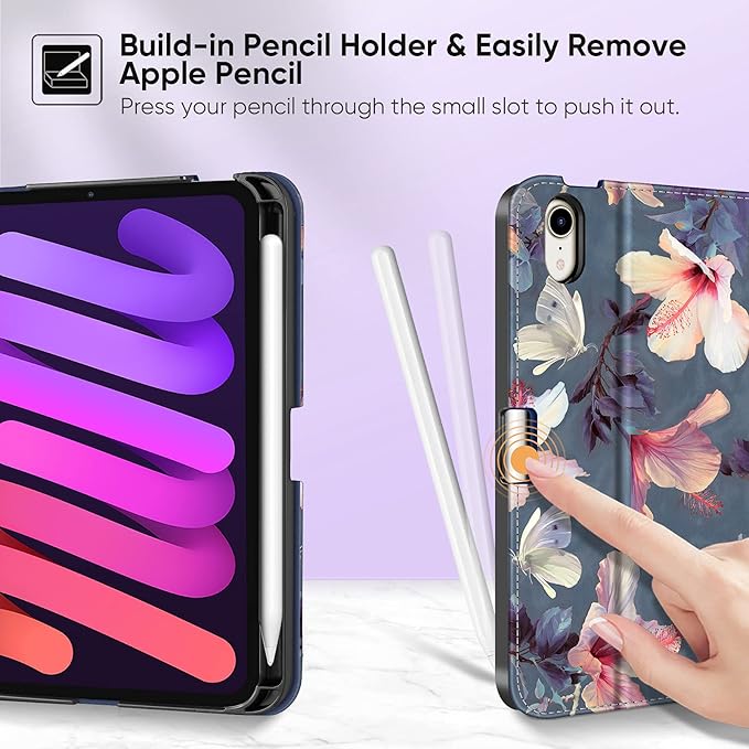 Fintie Folio Case for iPad Mini 7 (A17 Pro, 7th Generation) 2024 / iPad Mini 6 (6th Gen) 8.3 Inch, Multi-Angle Smart Stand Cover with Pencil Holder & Pocket, Auto Sleep/Wake, Hibiscus
