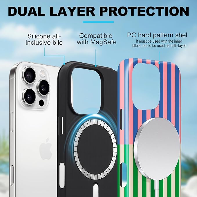 Magnetic for iPhone 16 Plus Case Cute Stripes Phone Case, Shockproof Slim TPU and Hard PC Protective Phone Cover Compatible with MagSafe Designed for Women Girls, Gray
