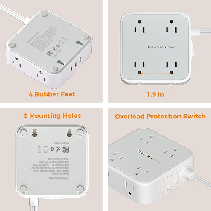 TESSAN Surge Protector Power Strip, 5 Ft Flat Plug Extension Cord with 3 USB (1 USB C 20W PD) 8 Outlets, 1250W, 900J Protection, 3 Sided Outlet Extender with Power Switch for Office, Dorm Room, Grey