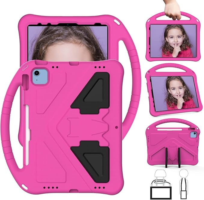 Shockproof Case for Apple iPad A16 11 Inch 2025 11th Gen/iPad 10th Generation 2025 10.9", with Shoulder Strap Soft EVA Handle Design Foldable Kickstand Kids Friendly Cover for Girls Boys, Rose