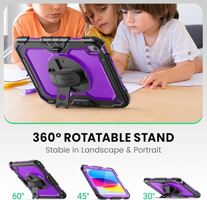 SEYMAC Case for iPad (A16) 11th/10th Generation 2025/2022 (11″/10.9″), Sturdy Heavy Duty Full-Body Shockproof Protective Case with Screen Protector, Rotating Stand, Hand/Shoulder Strap, Purple