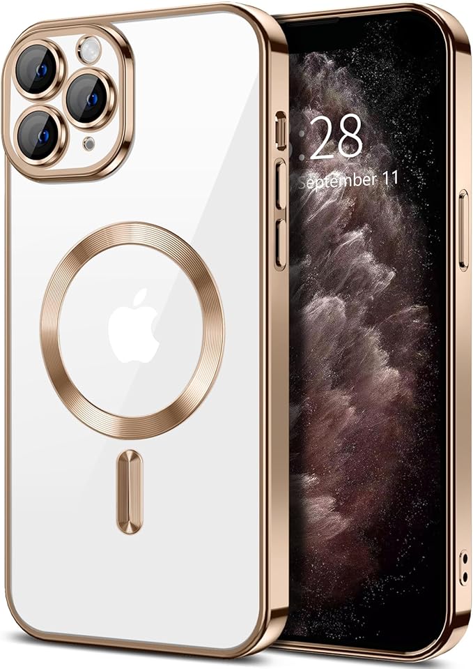 Hython Magnetic Clear for iPhone 11 Pro Case with Camera Lens Protector [Compatible with MagSafe] Luxury Plating Edge Slim Soft TPU Cover Protective Phone Case for iPhone 11 Pro 5.8", Desert Brown