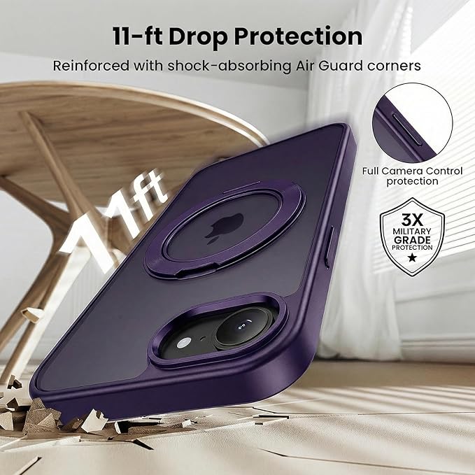 360°Ring Stand for iPhone 16E/17E Case with 2X Screen Protector,Fit for MagSafe, Anti-Yellowing & Scratch-Resistant Back Phone Case for iPhone 16E/17E 6.1", Purple