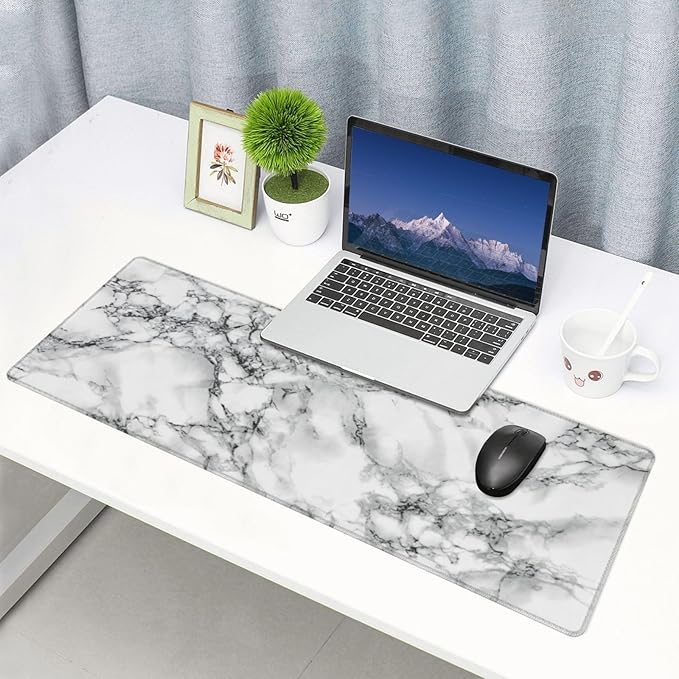 Black and White Marble XL Large Mouse Pad with Stitched Edges Long Non-Slip Rubber Base Mousepad Laptop Keyboard Mat Desk Pad for Office Home Desk Decor, 31.5" X 11.8"