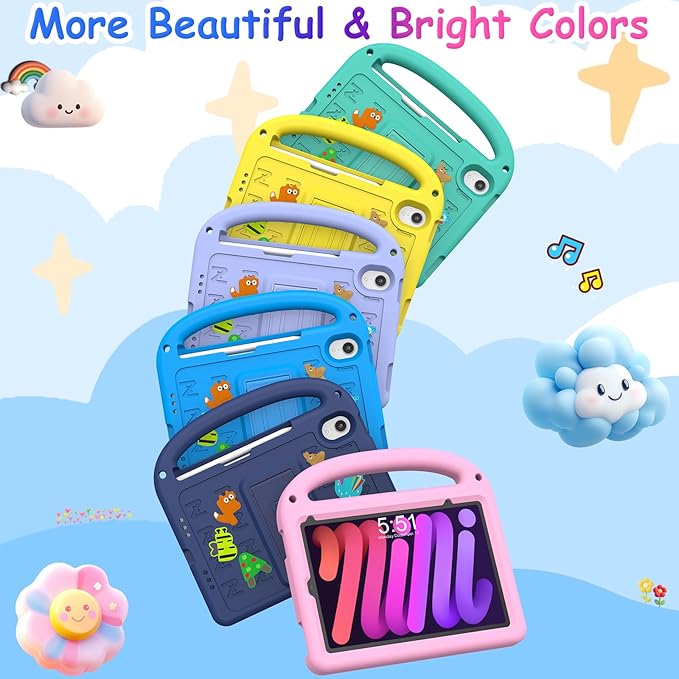 Kids Case for iPad mini 7(A17 Pro) 2024/iPad Mini 6 2021 8.3 Inch, with Built-in Pencil Holder/Anti-Slip Handle/Foldable Stand, Shockproof Protective iPad mini 7th/6th Generation Case 8.3 Inch