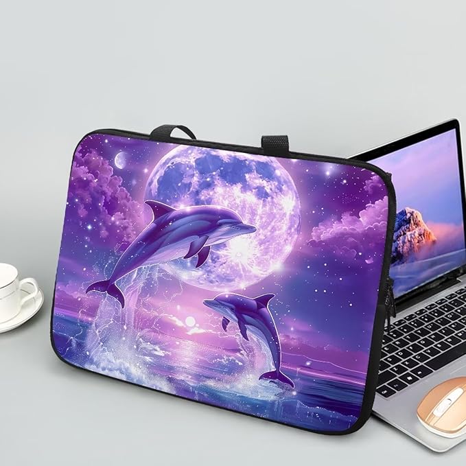 Purple Dolphin Full Moon Laptop Case 13 Inch, Waterproof Laptop Sleeve for Women Men, Portable Laptop Cover Computer Carrying Bag Cases with Handle, Fits Tablet/Notebook/Reader