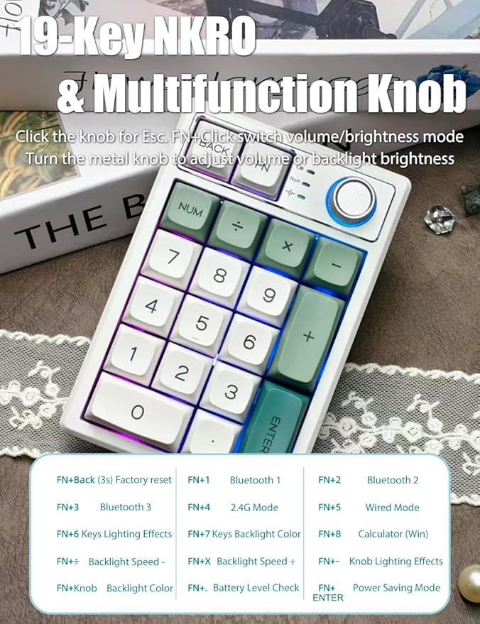 Gasket Creamy Mechanical Numpad Programmable Macro Keypad Wireless 2.4G/Bluetooth 5.0/Wired USB-C RGB Backlit Hot Swappable Number Pad Rechargeable Numeric Keyboard Metal Knob, Botanic Garden