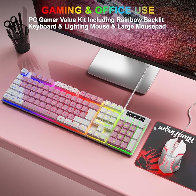 BlueFinger RGB Gaming Keyboard and Backlit Mouse Combo, USB Wired, LED Gaming Set for Laptop PC Computer Game and Work (White & Pink)