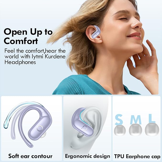 kurdene Wireless Earbuds Bluetooth Headphones Sport,Over Ear Buds with Deep Bass Sound,60Hrs Playtime Earphones Redesigned Comfort Fit with Earhooks for Running,Meeting,Workout-Purple