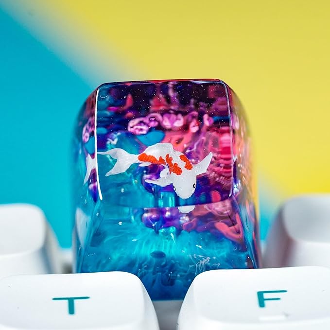 Kohaku Koi Artisan Keycap Blue and Pink Ocean Coral R1 SA Profile Custom Keycaps 1U ESC Handmade Gaming Resin Key Cap Cherry MX Switch Compatible Mechanical Keyboard Koi Lover Gift