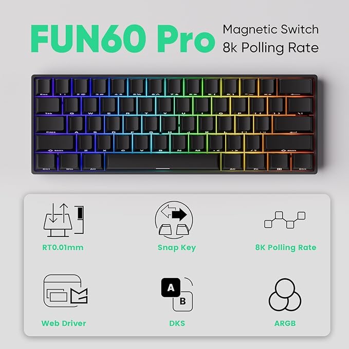 MONSGEEK FUN60 Pro Rapid Trigger Gaming Keyboard 8k SP Magnetic Switch HE Keyboard Multi-Modes Wireless 60% Black Shine-Through (Glare Magnetic Switch)