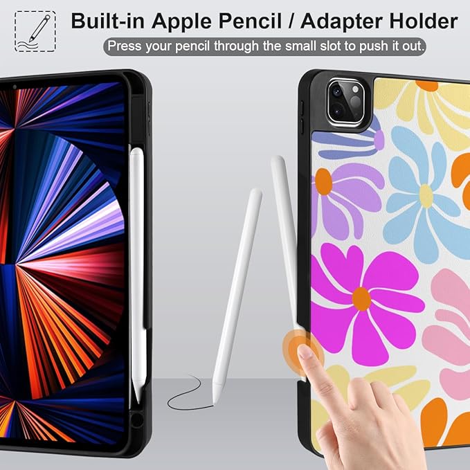 DONGKE Case for 2022/2021/2020/2018 iPad Pro 11 inch Gen 4/3/2/1 - Slim Protective Case - Built in Pencil Holder Support Charging - Trifold Stand & Sleep/Wake Cover - Retro Flowers