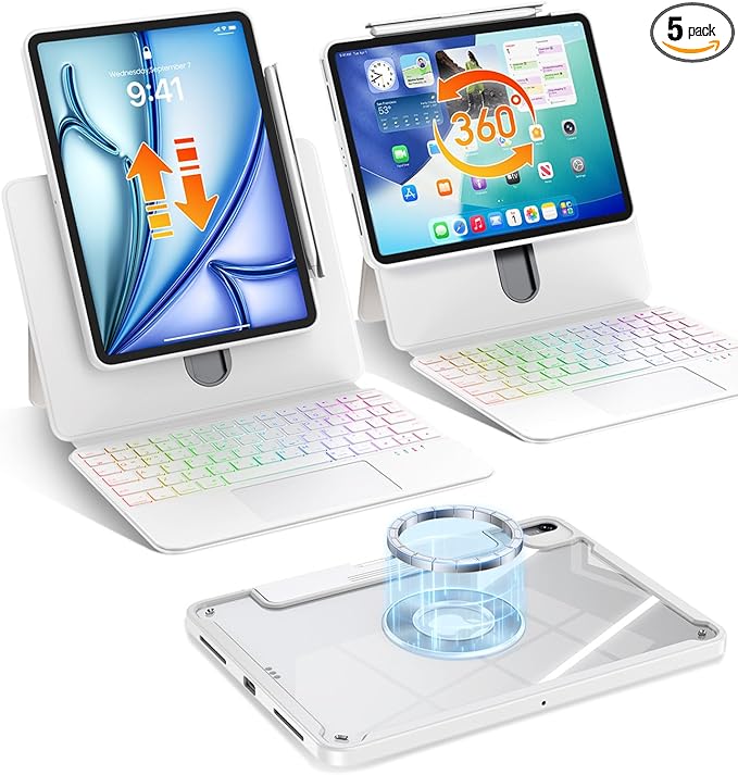 Keyboard Case for iPad Air 13" (M3/M2 2025/2024) & iPad Pro 12.9" (6/5/4/3 Gen) 2018 2020 2021 2022, Clear Magnetic Rotatable & Liftable, 7-Color Backlit, Native Gesture Trackpad w/Stand,White