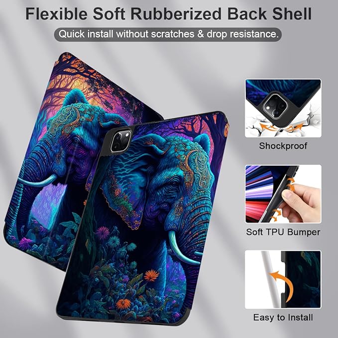 MEEgoodo Case for iPad Pro 12.9 Case M2 6th/5th/4th/3rd Generation 2022 2021 2020 2018, Protective Tablet Cover with Soft Back Shell for Kids, Elephants
