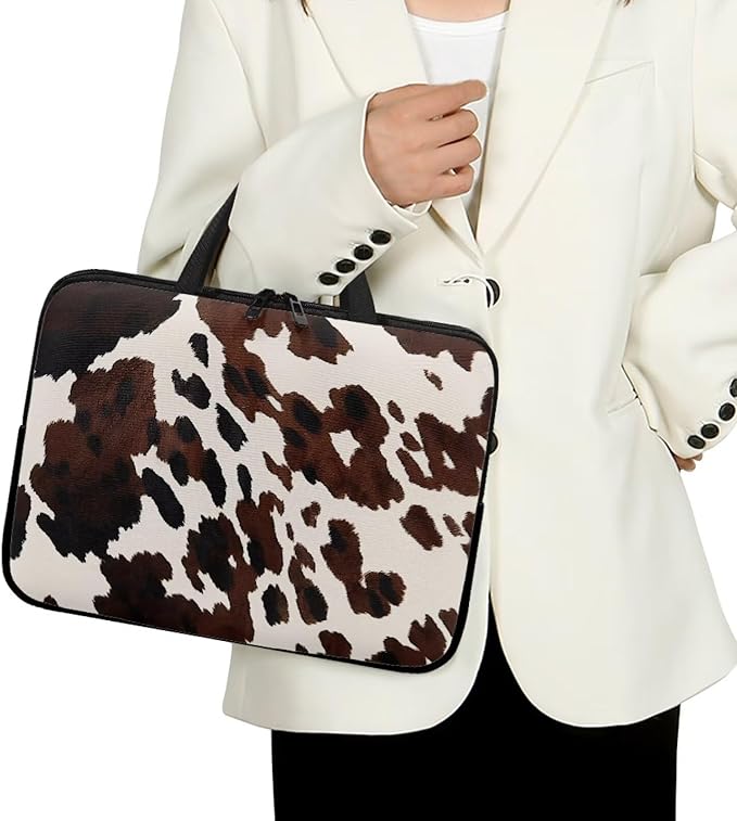 Cow Print Brown 10 Inch Laptop Sleeve, Laptop Cover Computer Bag Tablet Carrying Case with Handle, Waterproof Zipper Tote Bags Notebook Sleeves Handbag Messenger Briefcase