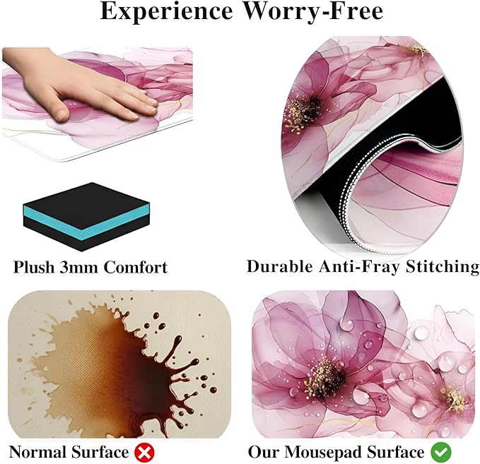 XL Abstract Floral Mousepad (35.4 x 15.7 Inch), Extra Large Pink Fluid Art Desk Mat, Dreamy Rose & Gold Vein Pattern, Waterproof Gaming Keyboard Surface, Aesthetic Table Cover