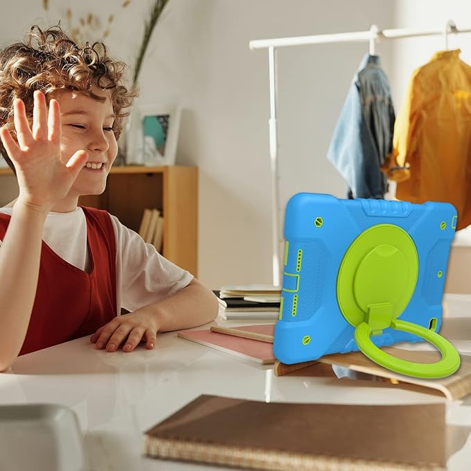 Andnary Case for iPad 9th/8th/7th Generation 10.2 inch, Shockproof Cover with Screen Protector/360° Rotating Handle/Bracket/Pen Holder/Shoulder Strap, Kids Case for iPad 2021/2020/2019 (Blue+Green)