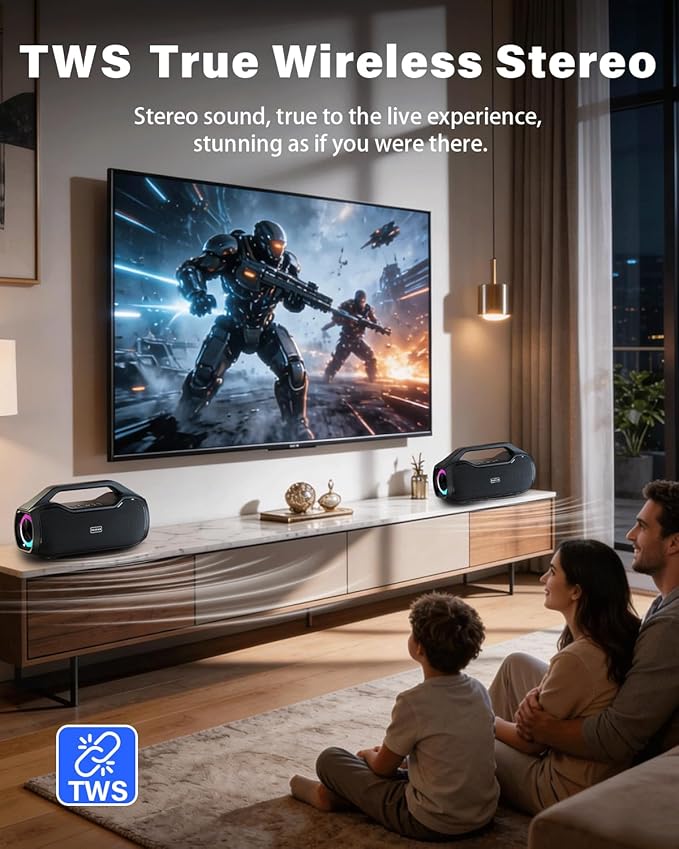 Portable Bluetooth Speaker Bass Boost, 120W Peak Loud Powerful Speakers Wireless w/2*Bass and 2*tweeters, 20H Playtime,IPX6 Waterproof, BT5.4, Suitable for Party, Beach, Camping,Outdoor,Large Jobsite,