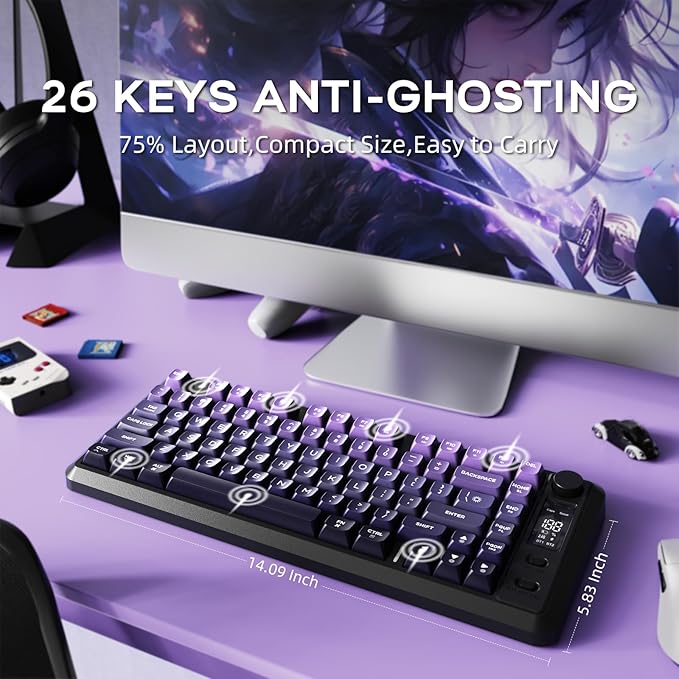 FREEWOLF M75 Wireless Gaming Keyboard Mechanical Feel Membrane with Knob & OLED Display Bluetooth/2.4Ghz Rainbow Backlit Gradient PBT Keycaps 2000mAH Battery Anti-Ghosting-Purple