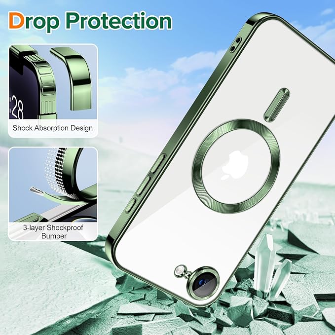 Hython Magnetic Clear for iPhone 17e Case with Camera Lens Protector [Compatible with MagSafe] Luxury Plating Edge Slim Soft TPU Cover Protective Phone Case for iPhone 17e 6.1", Deep Green