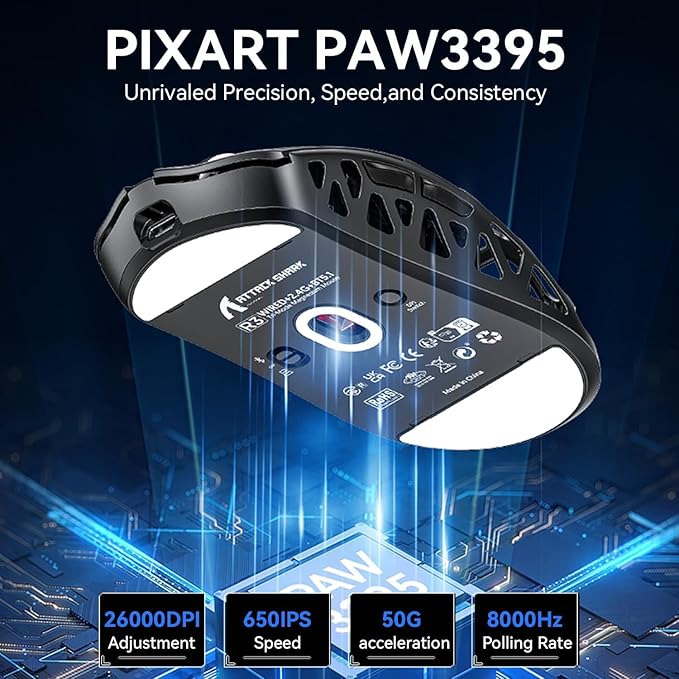 ATTACK SHARK R3 46g Superlight Wireless Gaming Mouse, Magnesium Alloy BT/2.4Ghz/Wired Computer Mouse, PAW3395 26K DPI Sensor, 8000Hz Wireless Polling Rate Programmable Mice for PC/Laptop/Mac (Grey)
