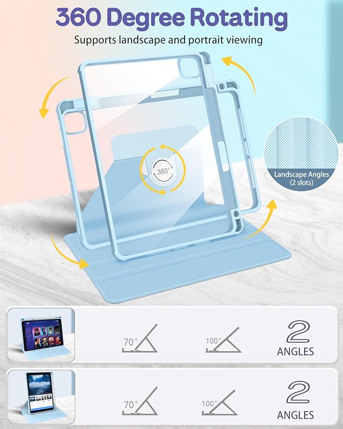 Uppuppy for iPad Pro M4/M5 Case 11 inch - 360 Degree Rotating Stand Folio Smart Cover with Pencil Holder for Women Girls, Blue and White Stripes for iPad Pro 11 inch Case 2024 M4/2025 M5