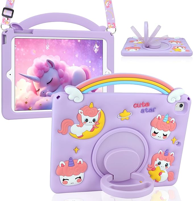 HianDier for iPad 5th/6th Generation Case, for iPad Air 1st/2nd Gen, for iPad Pro 9.7 Inch Case Kids Girls Cute Unicorn with Rainbow Handle Detachable Lanyard Shockproof Protective Cover-Purple