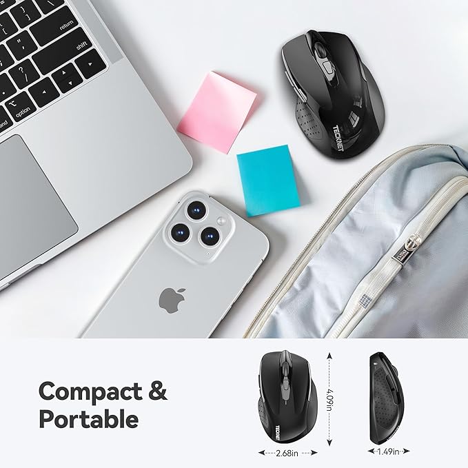 TECKNET Wireless Mouse, 2.4G Ergonomic Optical Mouse, Computer Mouse for Laptop, PC, Computer, Chromebook, Notebook, 6 Buttons, 24 Months Battery Life, 2600 DPI, 5 Adjustment Levels - Black