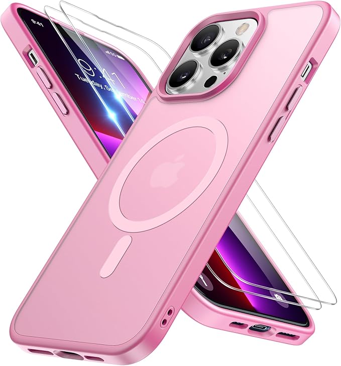 Miracase Magnetic for iPhone 13 Pro Case 6.1 inch (Compatible with MagSafe)（with 2X Screen Protectors） Military-Grade Protection, Anti-Fingerprint Translucent Matte Phone Case Cover, Mes Pink