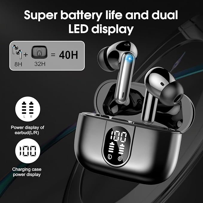 Csasan Wireless Earbuds Bluetooth 5.3 Headphones, 40H Playtime in-Ear Earphones, Mini Bluetooth Earbuds with ENC Noise Cancelling Mic, Deep Bass Stereo Ear Buds, LED Display, IPX7 Waterproof Earphones