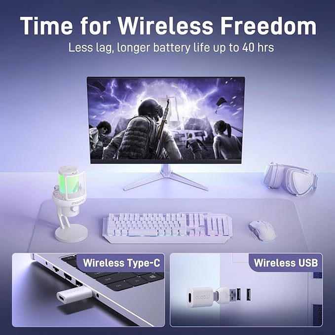MAONO Wireless Microphone for PC, USB Gaming Mic with 6 Modes AI Voice Changer, 48kHz/24bit, 40H Battery, Intelligent Noise Reduction, RGB, One-Click Mute for Computer Podcast Recording Streaming,DM40