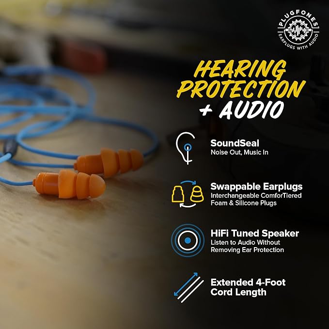 Plugfones Guardian Earplug Headphones - OSHA Approved Noise Isolating in-Ear Earbuds with Hearing Protection - Wired Hybrid for Work and Travel - Includes Silicone and Foam Ear Plugs - Blue & Orange