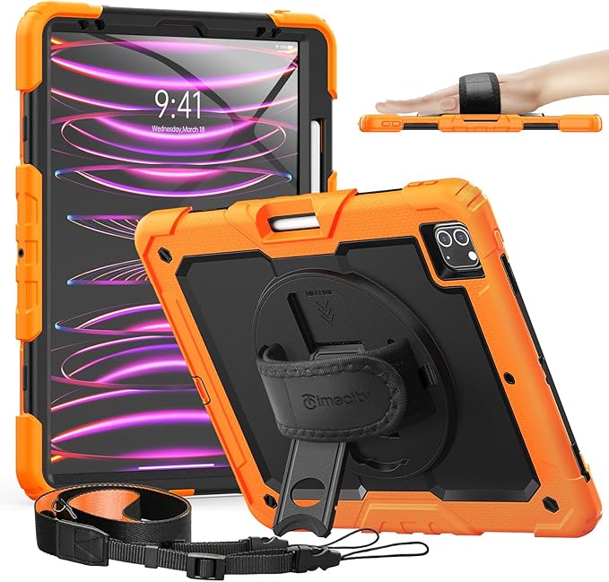 Timecity for iPad Pro 12.9 Case 6th/5th/4th/3rd Gen, 360° Rotating Stand, Pencil Holder & Wireless Charging, Shockproof with Screen Protector & Shoulder Strap - for Designers & Professionals - Orange