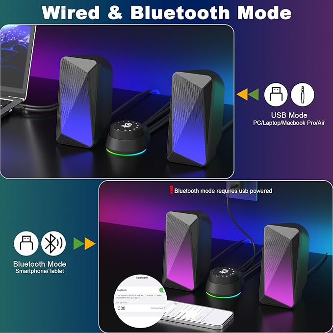 SOULION C30 Bluetooth Computer Speakers, USB Powered & 3.5 mm AUX PC Speakers with Easy-Control Pod, Gaming Speakers with Pulsing & LED Flame Lights for Monitor Laotop Desktop, Black