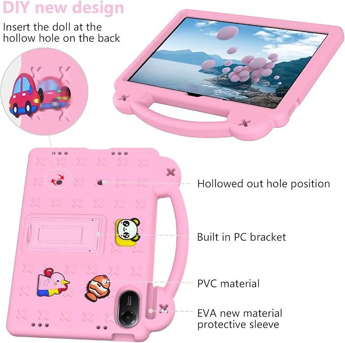 AKABEILA Compatible with Xiaomi Redmi Pad 2 2025 11 inch Tablet Case, Kids Friendly Universal Lightweight Shockproof Protective Case with Shoulder Strap & Stand Handle Pink