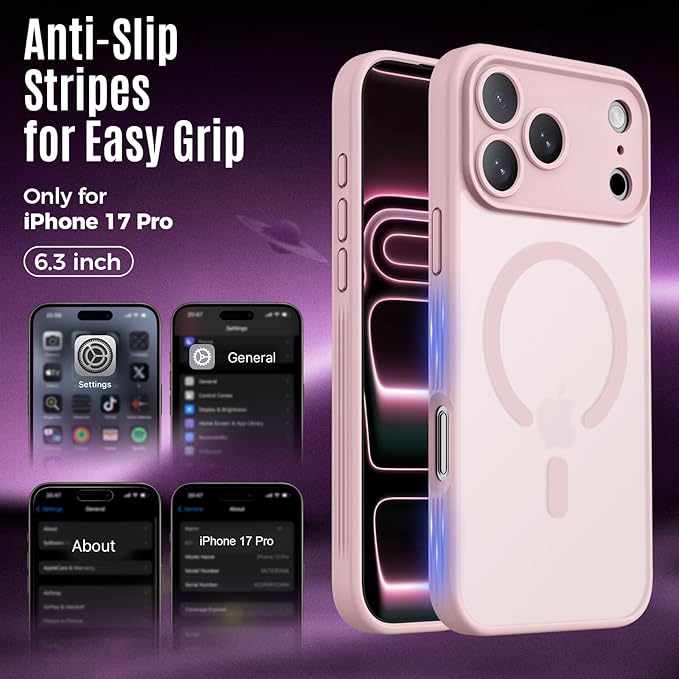 Symcele Designed for iPhone 17 Pro Case, Compatible with MagSafe, [Camera Protection] [15FT Military Drop Protection] Shockproof Translucent Matte Anti-Slip Phone Case, 6.3", Pink
