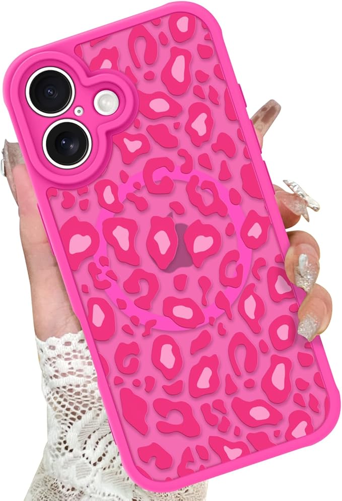 KANGHAR Case for iPhone 16 Hot Pink Leopard Printed Pattern Cute Cheetah [Compatible with Magsafe] Protective Magnetic Case for Girls Women 6.1"