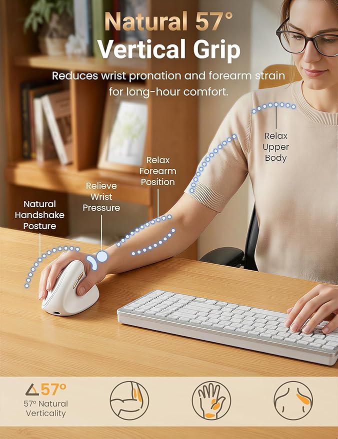 Ergonomic Vertical Wireless Mouse, 57° Natural Handshake for Wrist Pain Relief, Rechargeable 2.4G USB Computer Mouse, Quiet Click, 800/1200/1600 DPI, for Laptop PC Mac, Small/Medium Hands (White)