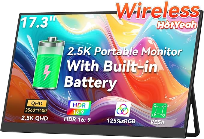 HotYeah 17.3" 2.5K Wireless Portable Monitor, Support AirPlay Miracast, 2560×1440P IPS USB-C HDMI External Monitor, 2nd Screen for Laptop MacBook PC Phone Tablet, w/Built-in Battery(3-4H)
