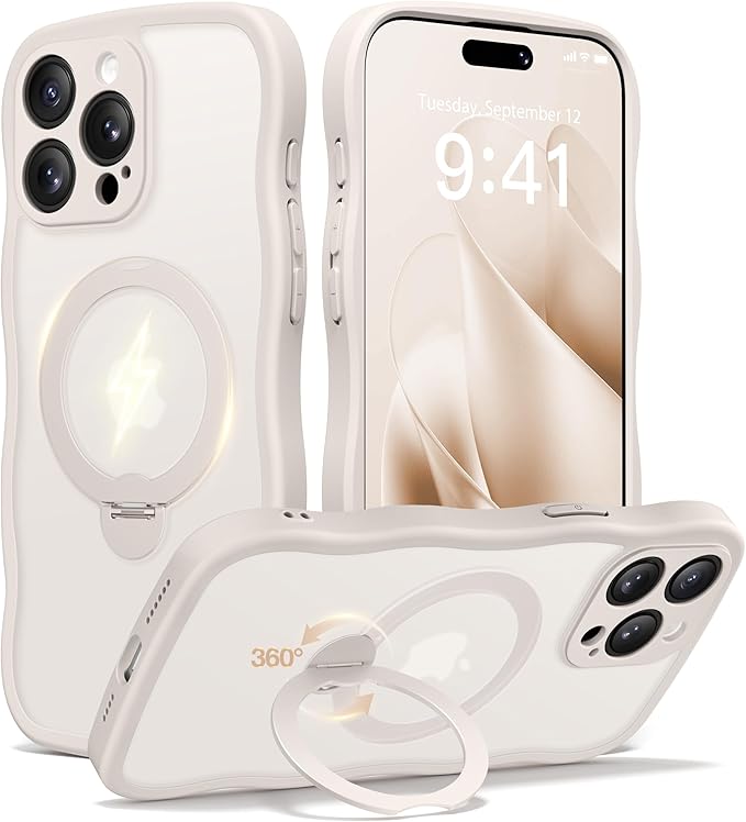 CAPRARO for iPhone 15 Pro Max Case with 360° Spin Magnetic Stand for Women, [Compatible with MagSafe] [Full Camera Protection] Cute Wave Translucent Matte Case for iPhone 15 Pro Max, Stone