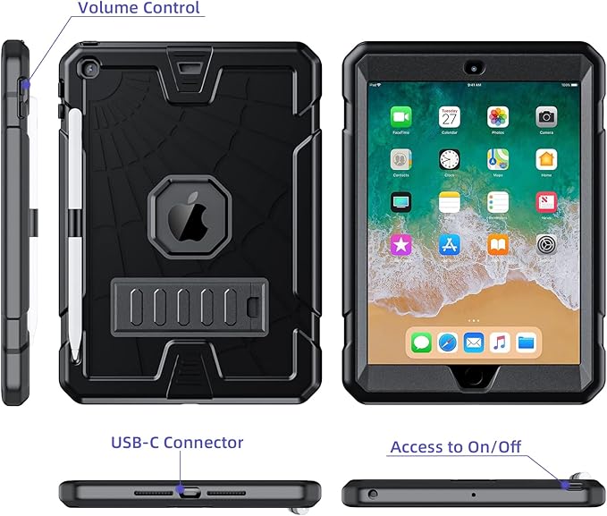 SIBEITU iPad 9.7 Case with Pencil Holder 2018/2017 | iPad 6th Generation Cases with Stand | iPad 5th Generation Case for Kids | Slim Shockproof Protective Case for iPad 9.7 inch 5th/6th Gen Black