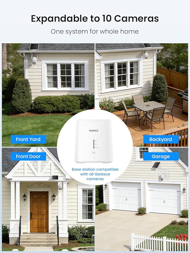 Solar Camera Outdoor Wireless, No Subscription, Expandable to 10CH, 4 Cam Kit Home Security Camera System, 4MP Color Night Vision, 360° Pan&Tilt, PIR/AI Detection, Works Offline & 2.4G/5G WiFi
