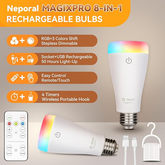 Neporal MAGIXPRO Smart Rechargeable Light Bulbs with Remote, USB+Socket Rechargeable Battery Operated Light Bulb, 2 Hrs Fast Charging Last 5-52 Hrs, 9+3 Colors, 4 Pack (MagixPro RGB, 4)