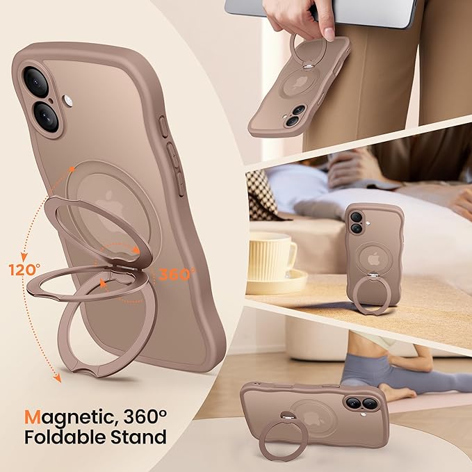 CAPRARO for iPhone 16 Case with 360° Spin Magnetic Stand for Women, [Compatible with MagSafe] [Full Camera Protection] Cute Wave Translucent Matte Case for iPhone 16, Brown