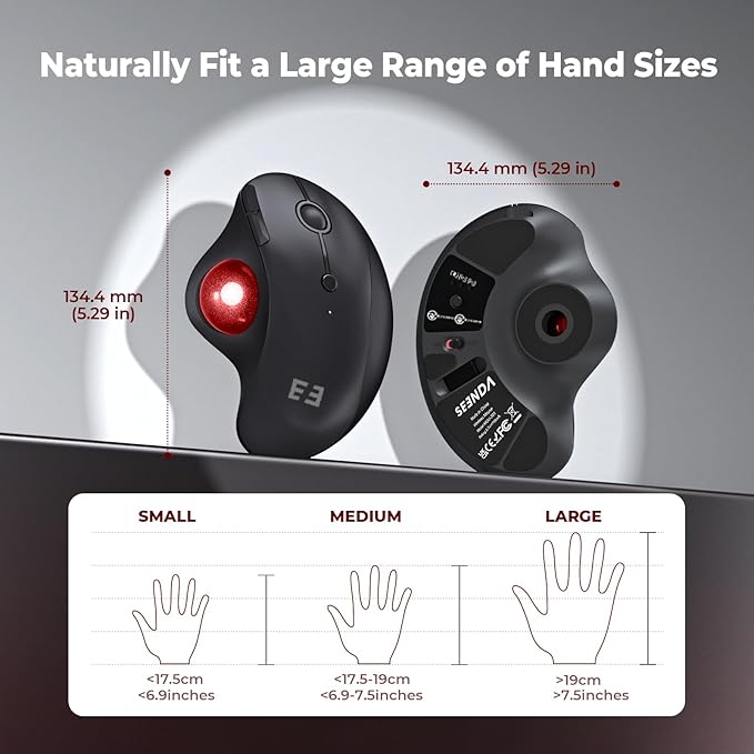 seenda Wireless Trackball Mouse, Ergonomic Bluetooth Rollerball Mouse Rechargeable, 3 Device Connection Optical Mice Adjustable DPI Thumb Control Mice Compatible for PC/Laptop/Windows/Mac - Black&Red