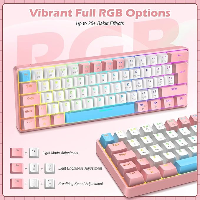 RK-T60 Wired 60% TKL Mechanical Gaming Keyboard Led Rainbow Backlight Ultra-Compact NKRO Linear Red Switch ABS Keycap RGB Honeycomb Mice Coiled Aviator Cable for Windows Laptop PS4/PC/WIN Gamer