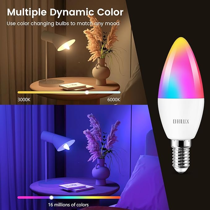 OHLUX Smart Candelabra LED Light Bulbs, 3.5W E12 Base, Compatible with Alexa Google Assistant, Color Changing Bulbs with 16 Million Colors, 2.4GHz WiFi, 4 Pack