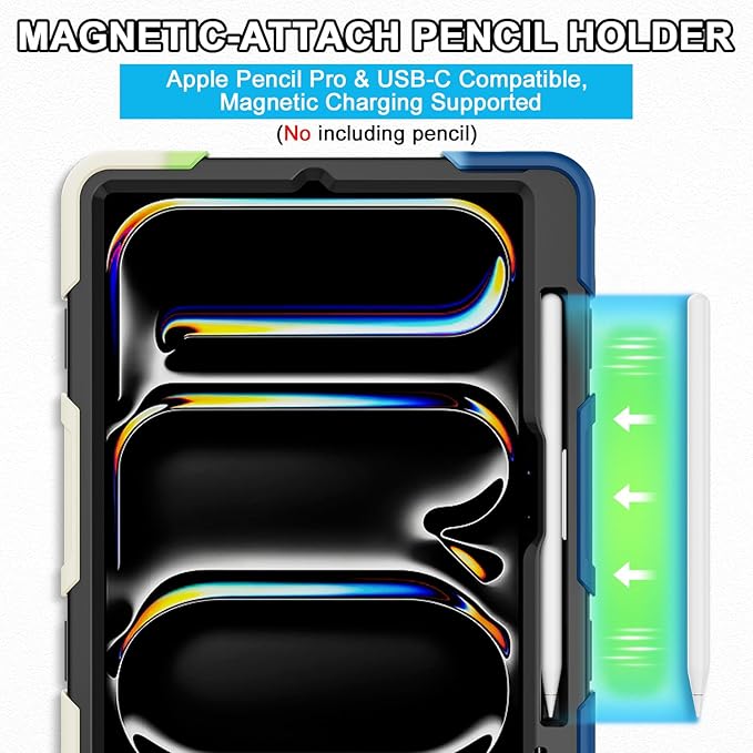iPad Pro 11 Inch Case M5 2025/M4 2024, Heavy Duty Shockproof Protective Case with Screen Protector, 360° Rotating Stand Hand Strap Shoulder Strap Kids Cover Apple Pencil Holder