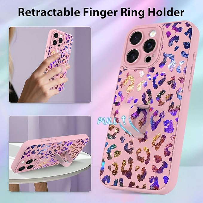 KANGHAR Compatible with iPhone 15 Pro Max Case, Support for MagSafe, Silicone Cute Iridescent Leopard Cheetah Pattern, Wristband Kickstand Shockproof Protective Slim Cover for Women Girls, Pink