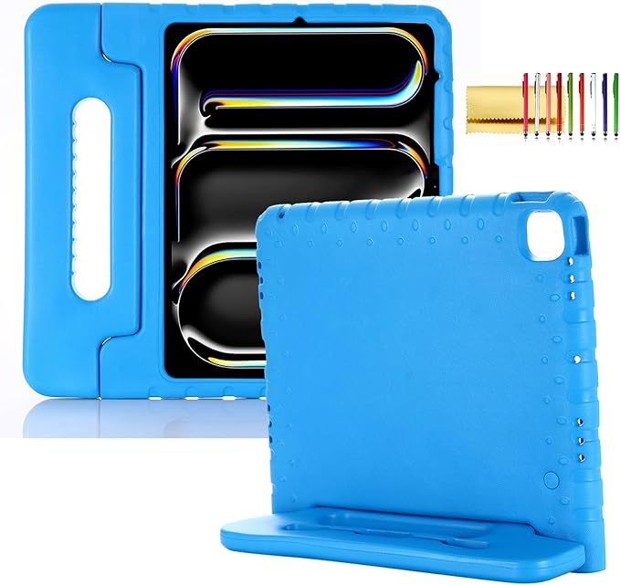 Kids Case for iPad Pro 13" 2025 (M5) 2024 (M4) & iPad Air 13" M4 M3 M2 Shockproof Case with Pencil Holder, Techcircle Handle Stand Light EVA Foam Bumper Protective Rugged Child Proof Cover, Blue